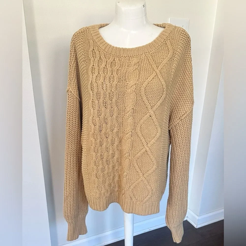Free People Dream Cable Tan Crewneck Sweater L